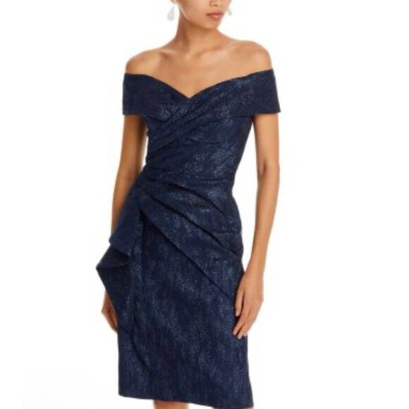 Teri Jon by Rickie Freeman Off-the-Shoulder Metallic Jacquard Dress Sz 4 $698 - Picture 1 of 16